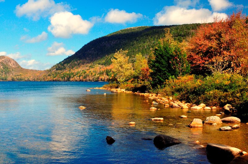 Autumn Lake with Mountains — Blue, Serene, Photograph, Trees, Rocks