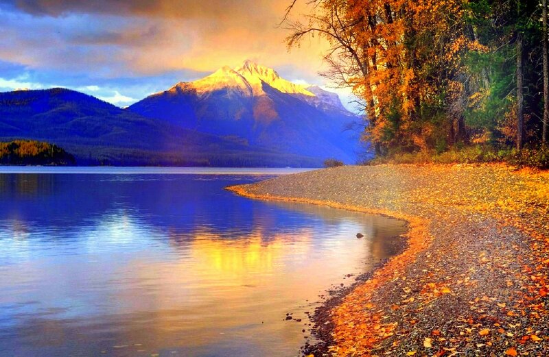 Autumn Lake with Mountains — Blue, Serene, Sunset