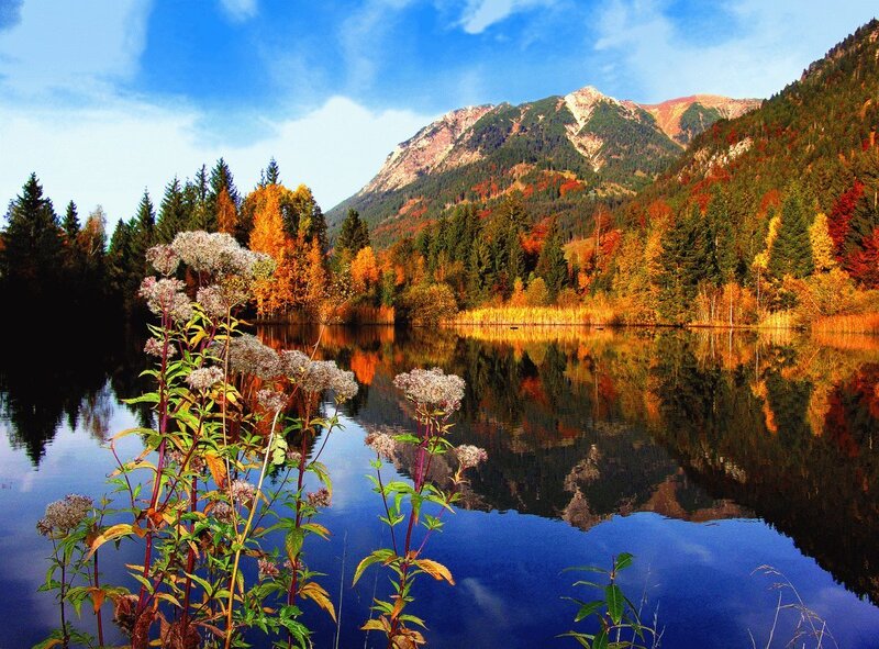 Autumn Lake with Mountains — Blue