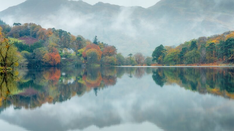 Autumn Lake with Mountains — Green, Serene, Photograph, Trees, House