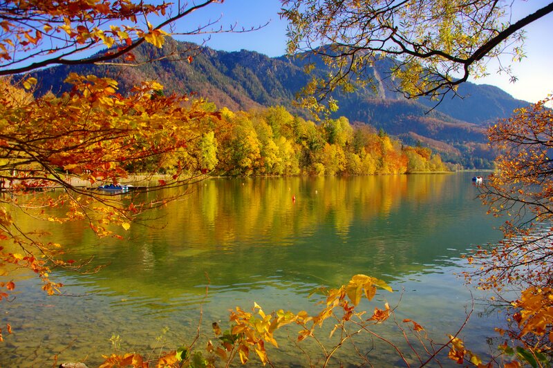 Autumn Lake with Mountains — Green, Serene, Photograph, Trees