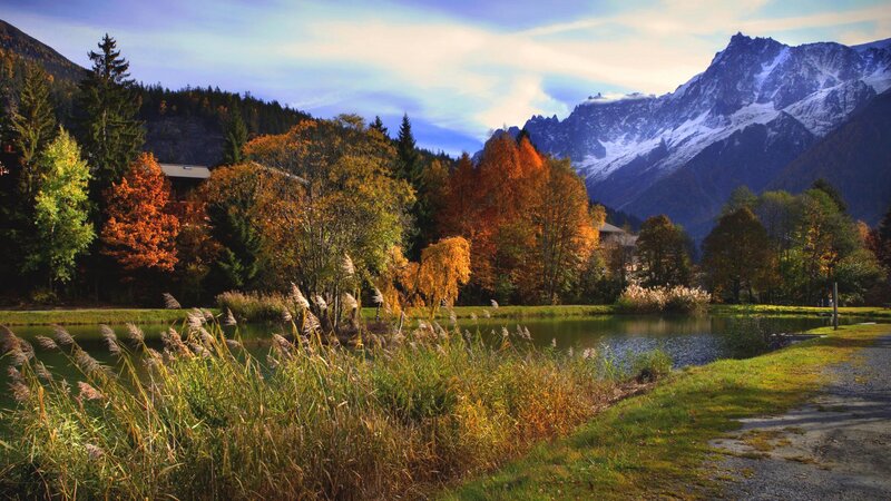 Autumn Lake with Mountains — Green, Serene