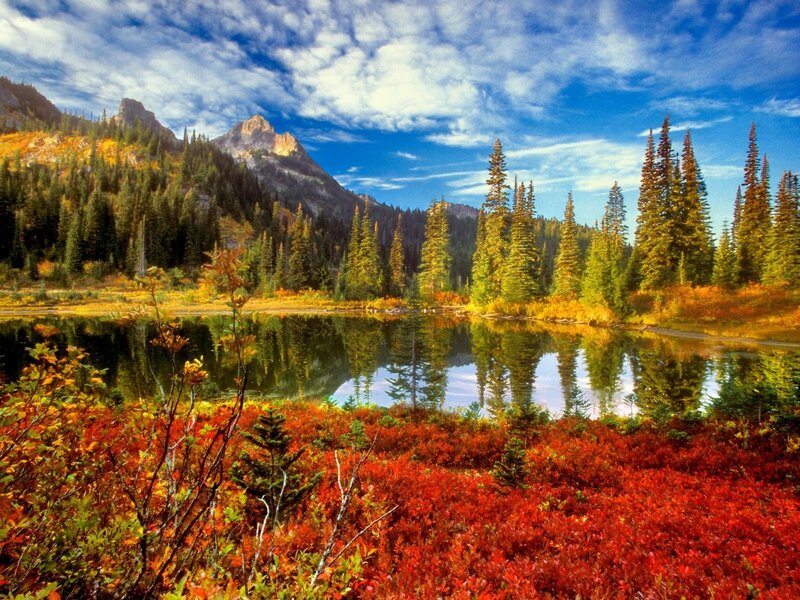Autumn Lake with Mountains — Red, Serene, Photograph, Trees, Green, Blue