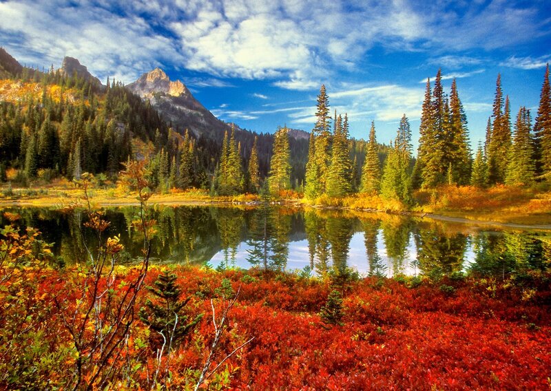 Autumn Lake with Mountains — Red, Serene