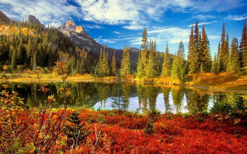 Autumn Lake with Mountains — Red