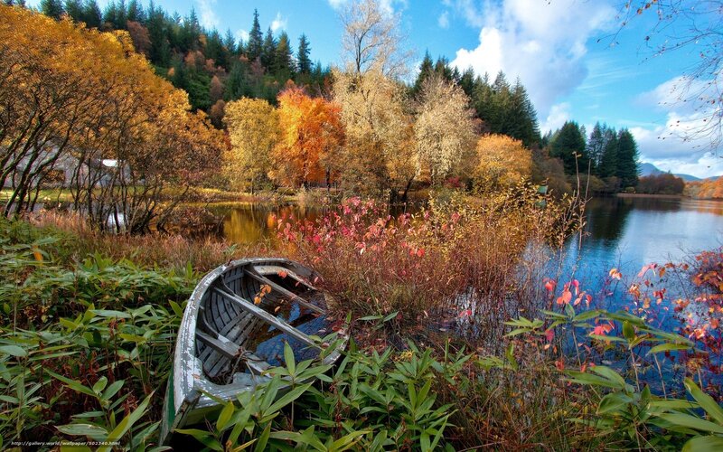 Autumn lake with old boat