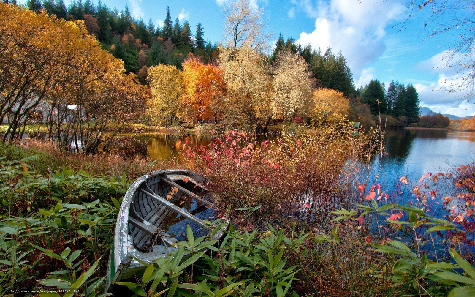 Autumn lake with old boat