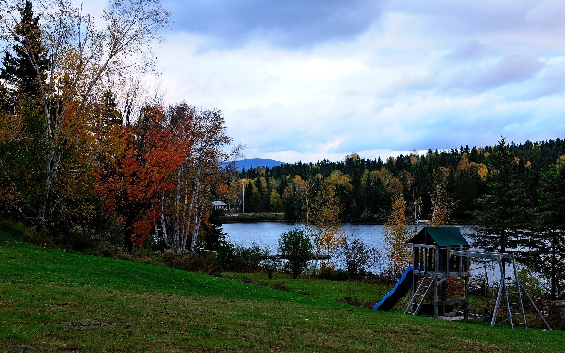 Autumn lake with playground