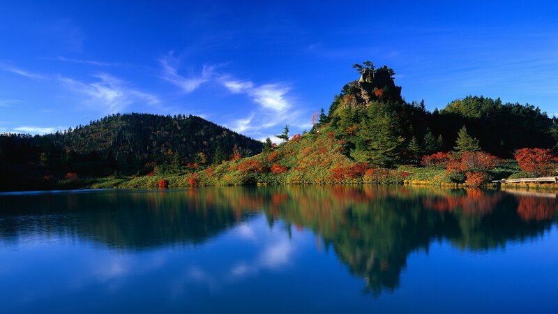 Autumn Lake with Reflection — Blue, Serene, Photograph, Mountain, Trees, Sky, Green, Red