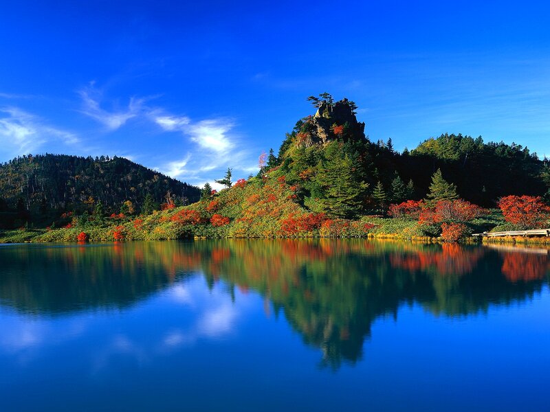 Autumn Lake with Rock Formation — Blue