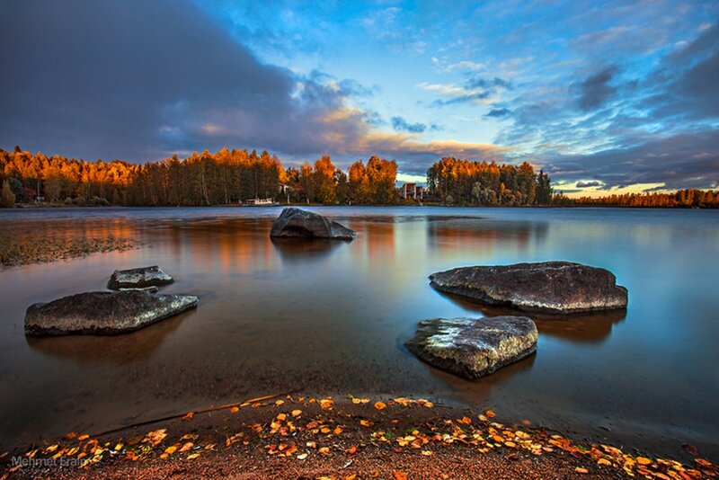 Autumn Lake with Rocks — Blue, Serene, Sunset