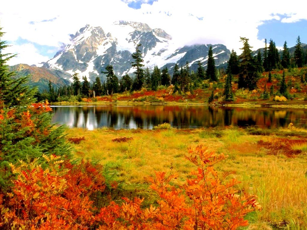 Autumn lake with snow-capped mountain