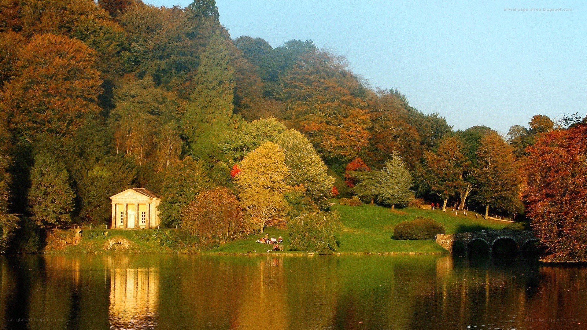 Autumn lake with temple