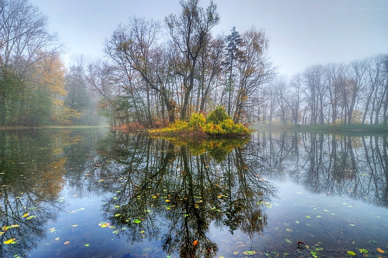Autumn lake with tree reflections