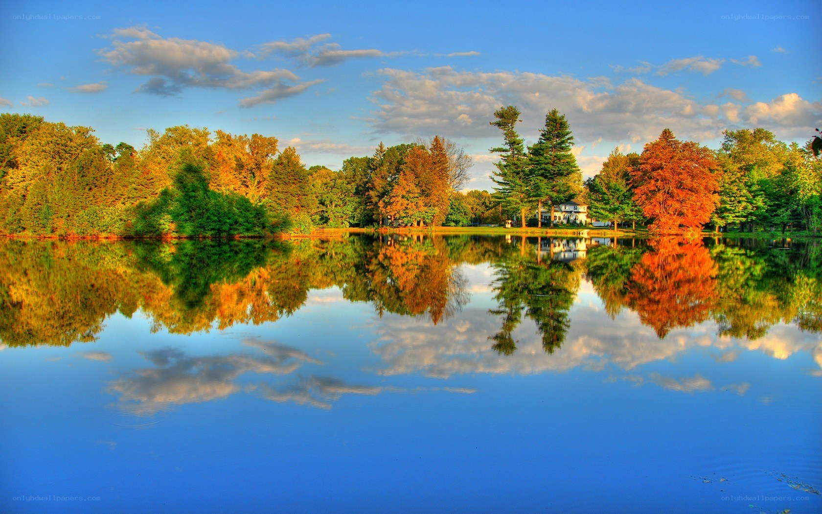 Autumn lake with tree reflections