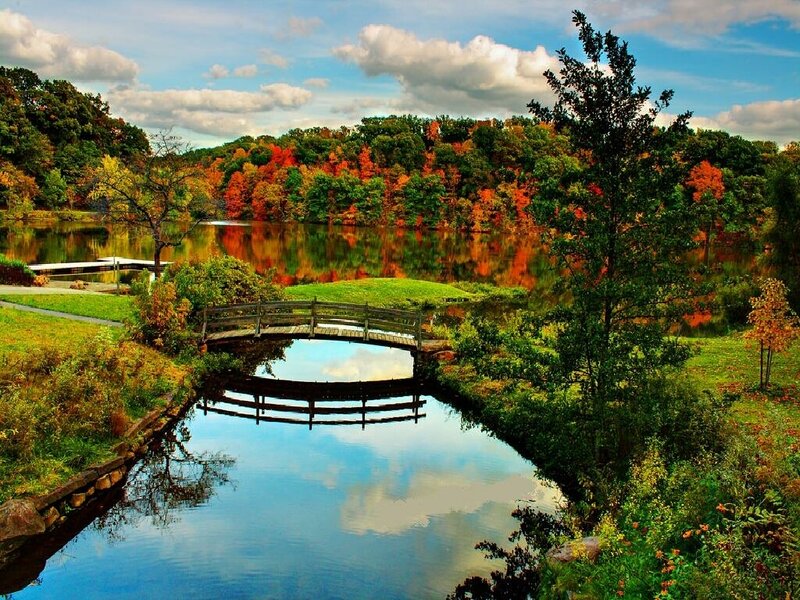 Autumn lake with wooden bridge