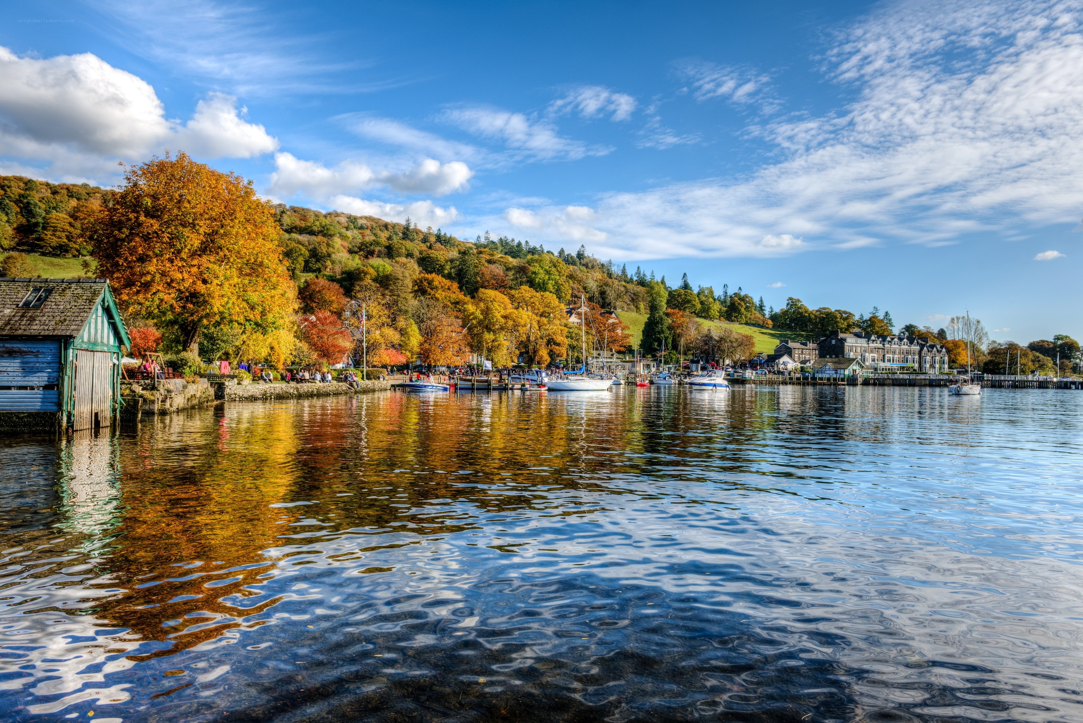 Autumn lakeside village scene