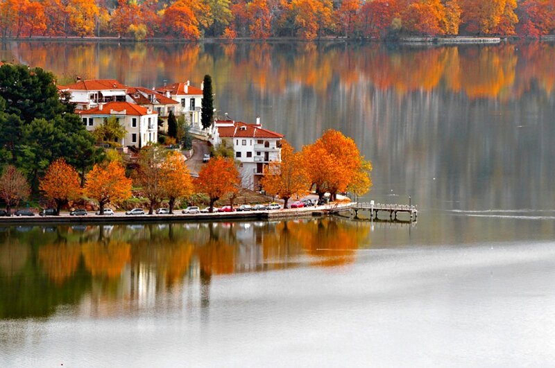 Autumn lakeside village