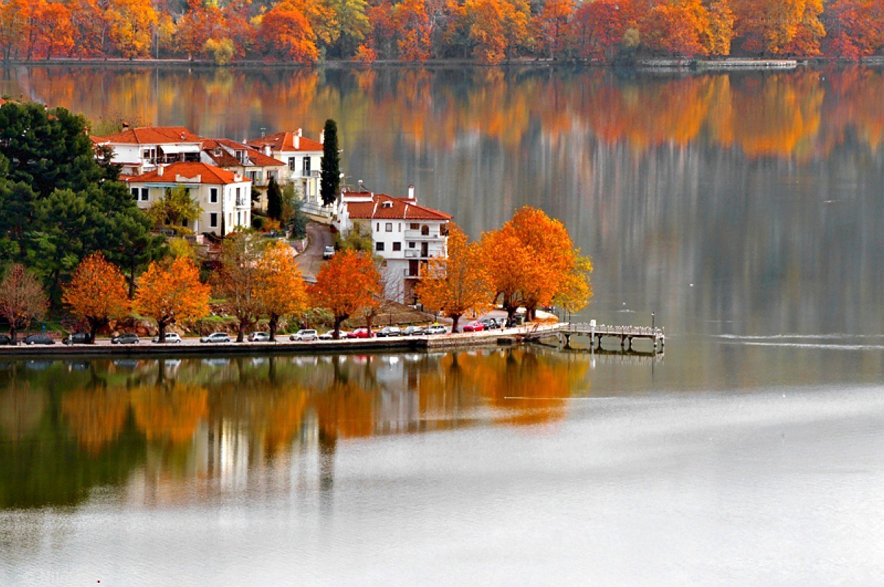 Autumn lakeside village
