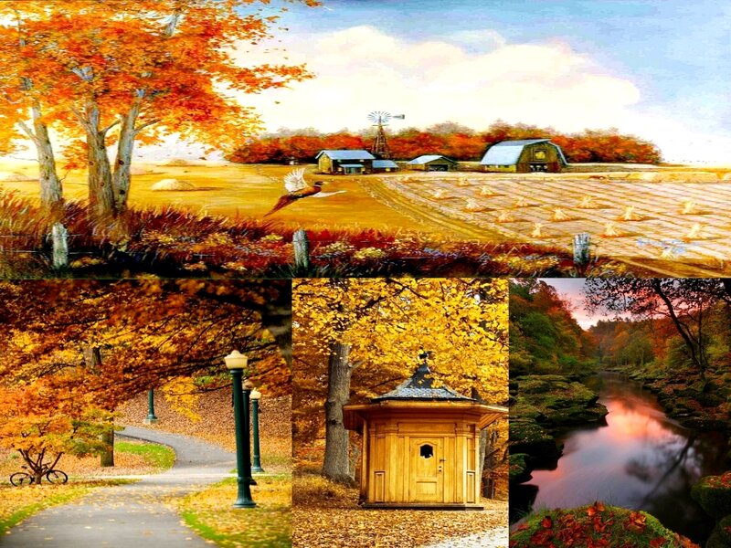 Autumn Landscape Collage — Orange, Serene, Painting