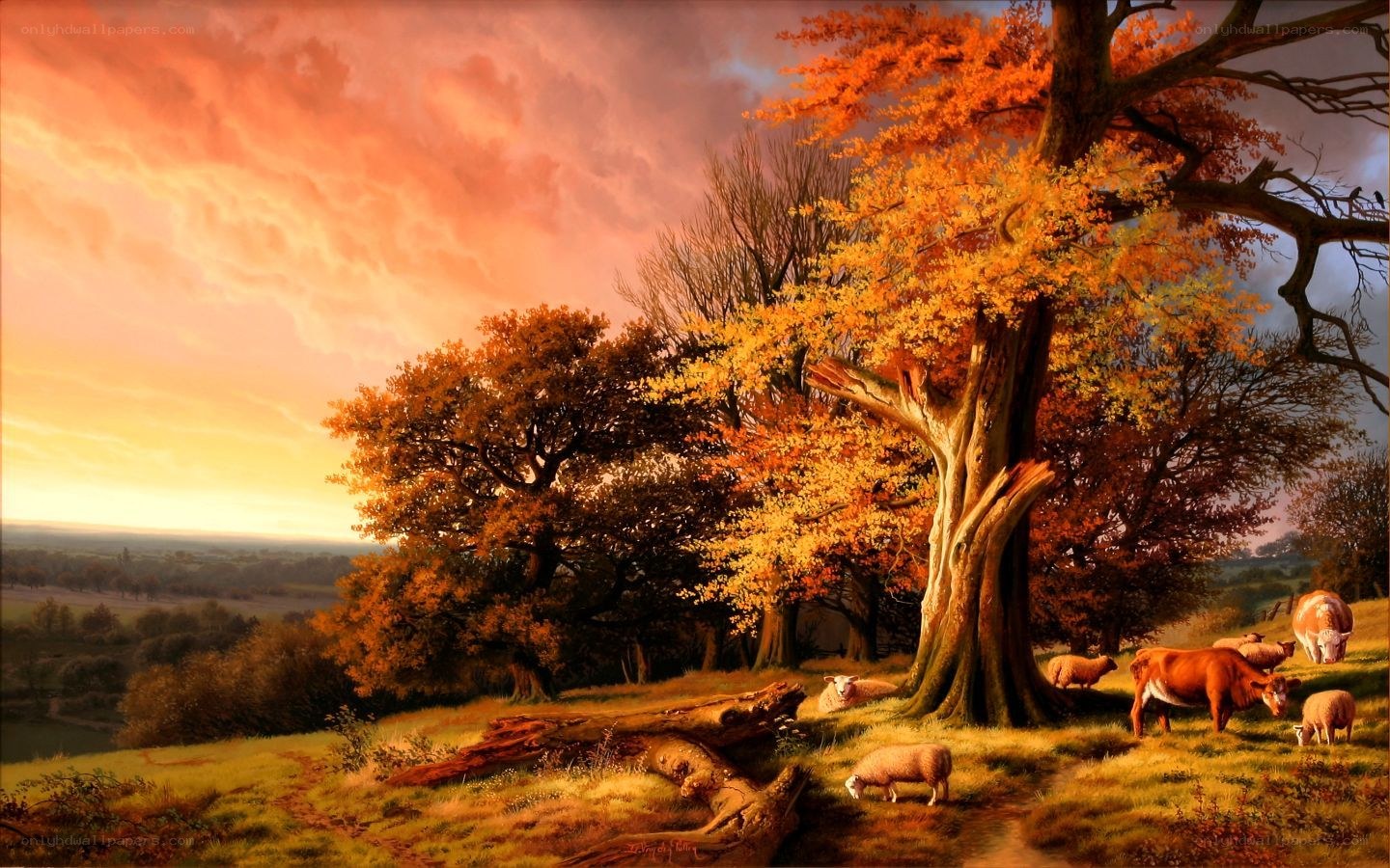 Autumn landscape with animals