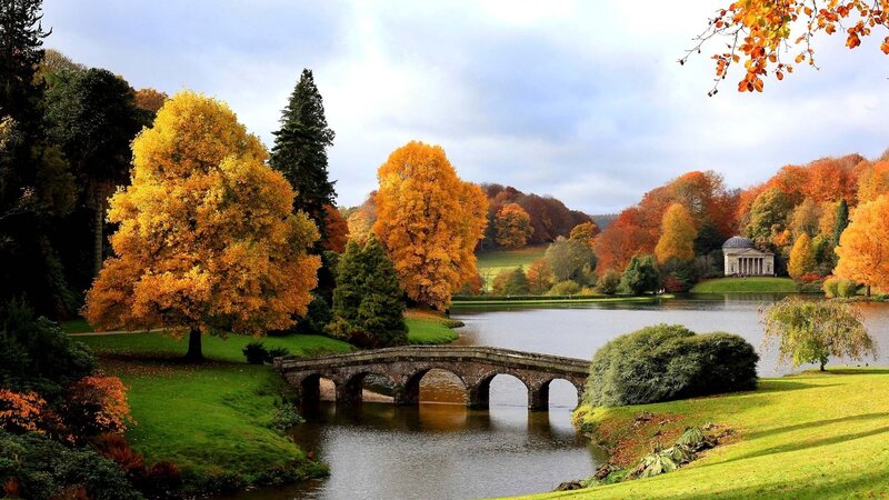 Autumn Landscape with Bridge — Green, Serene, Photograph, Lake, Trees