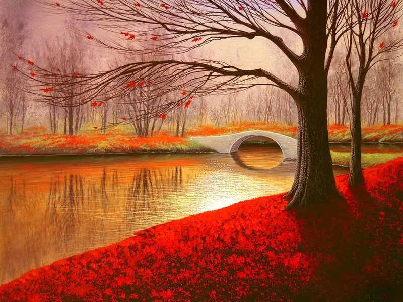 Autumn Landscape with Bridge — Red, Serene