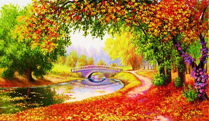 Autumn Landscape with Bridge — Red