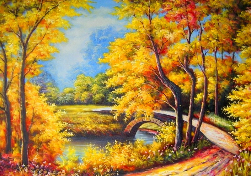 Autumn Landscape with Bridge — Yellow
