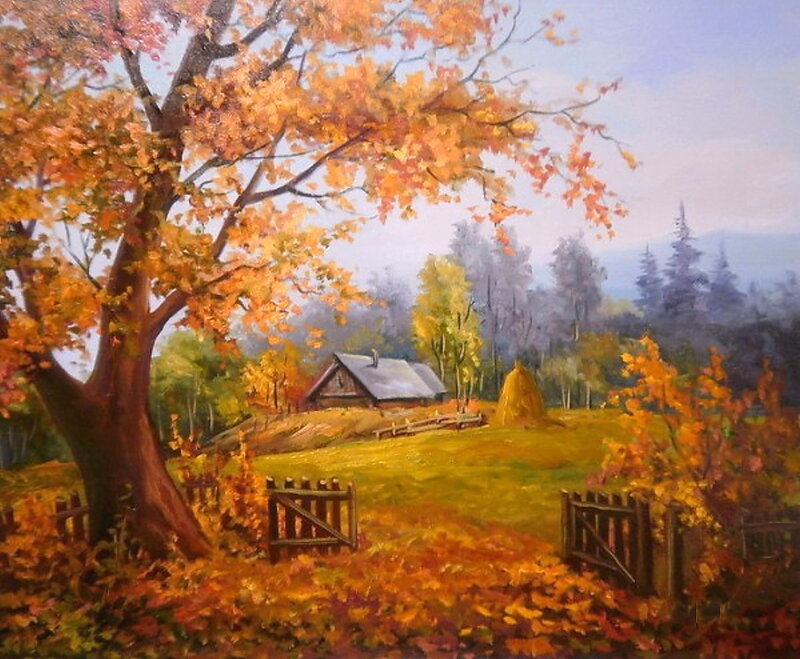 Autumn Landscape with Cabin — Orange