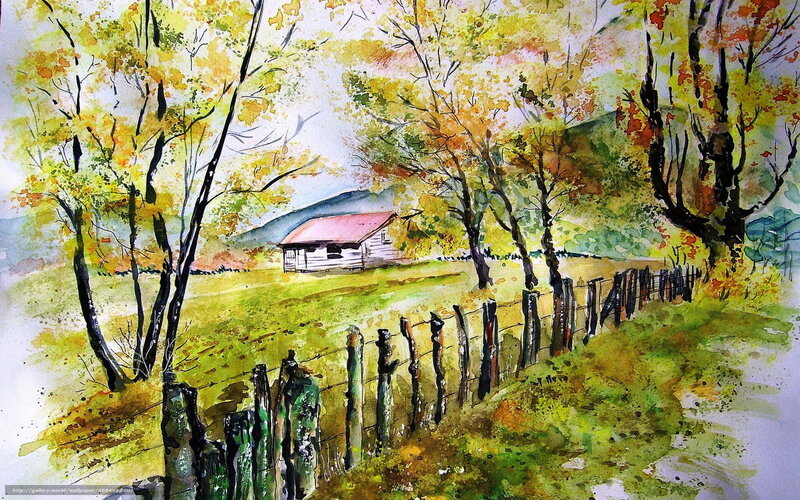 Autumn landscape with cabin