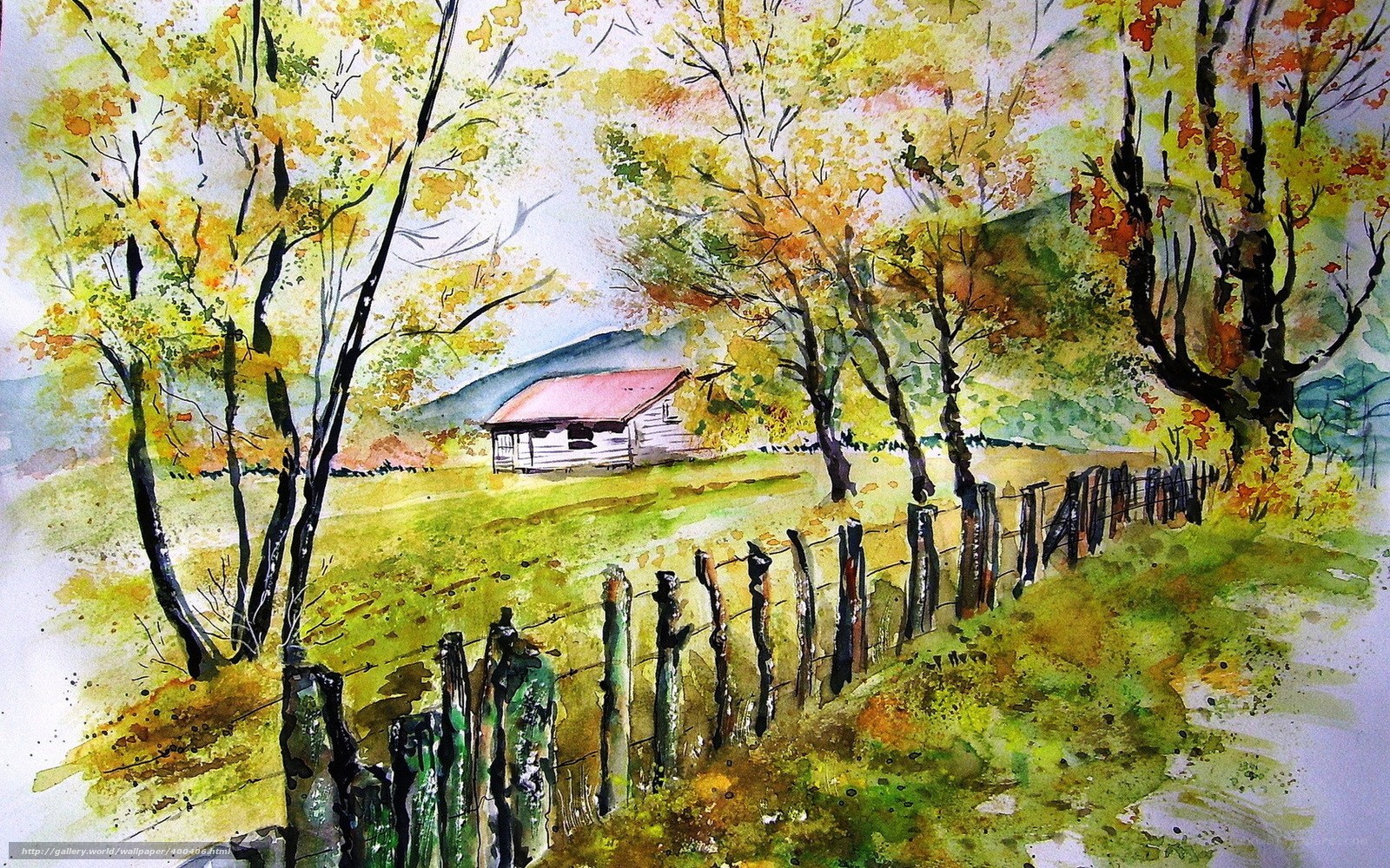 Autumn landscape with cabin