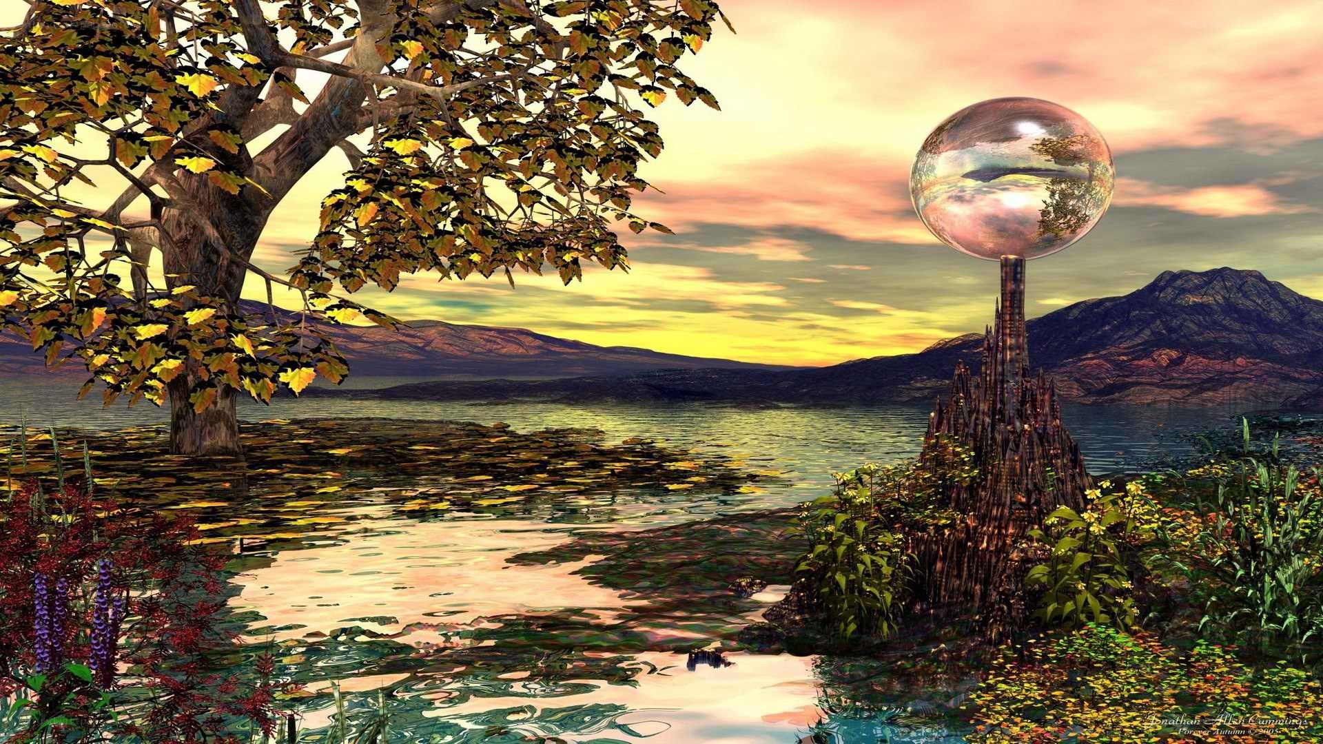 Autumn landscape with crystal sphere