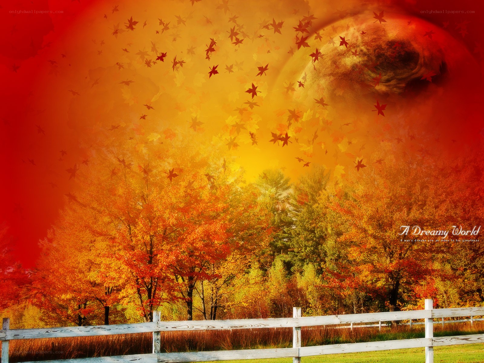 Autumn landscape with falling leaves