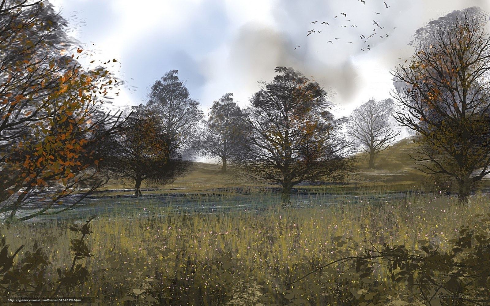 Autumn landscape with flying birds