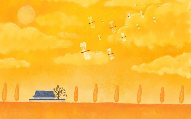 Autumn landscape with flying insects