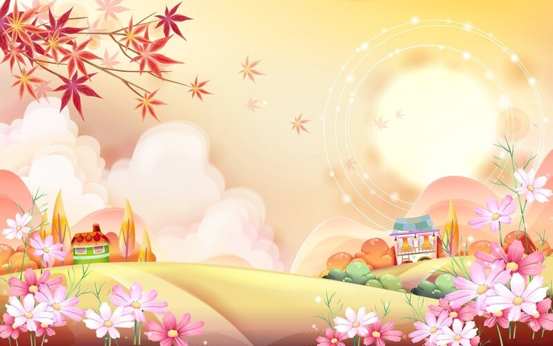 Autumn Landscape with Houses — Yellow, Serene, Digital Art, Maple Leaves