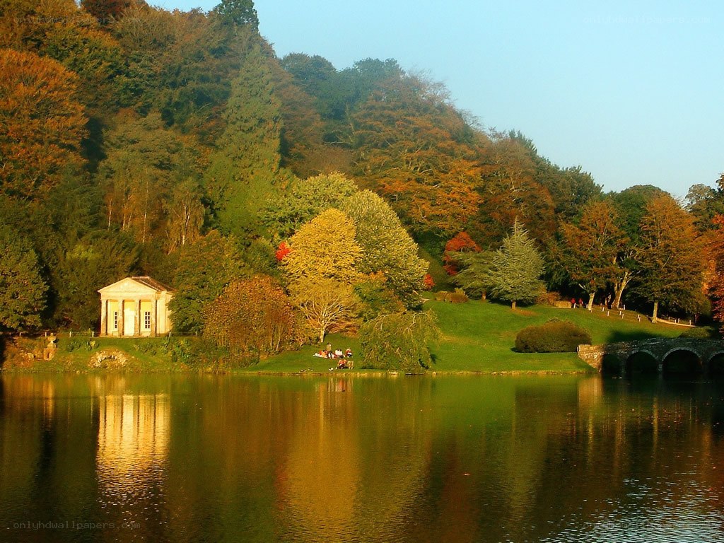 Autumn landscape with lake and temple
