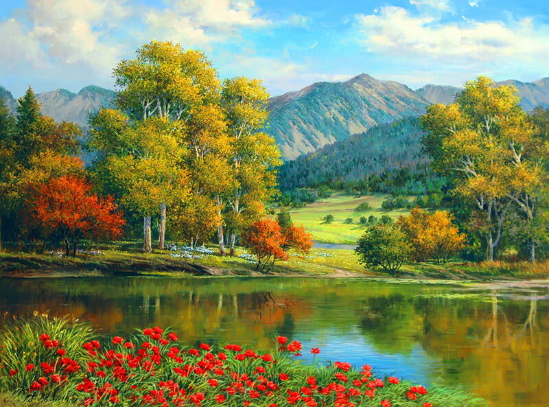 Autumn Landscape with Lake — Green, Serene, Painting