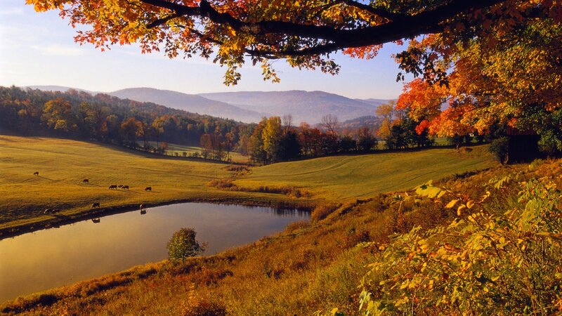Autumn landscape with pond and mountains