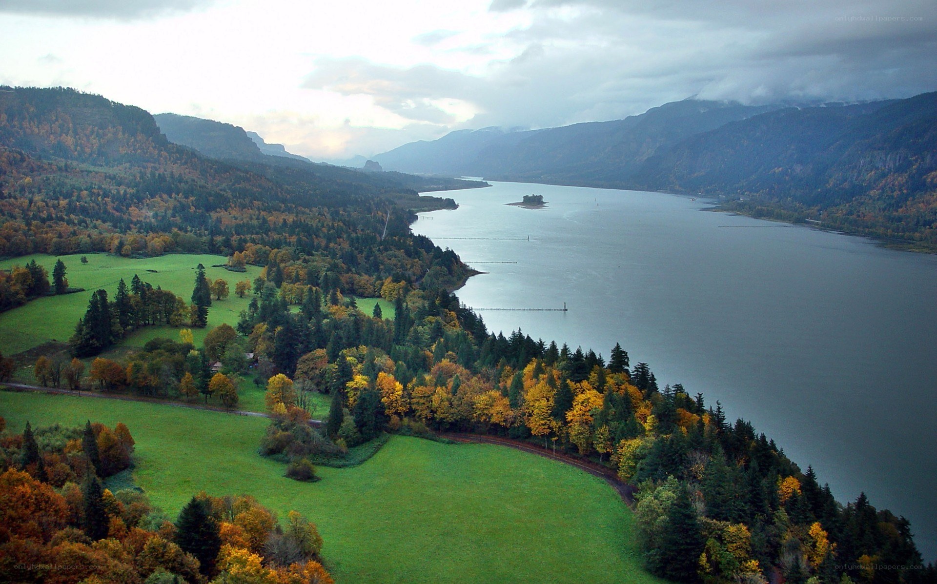 autumn landscape with river and mountains