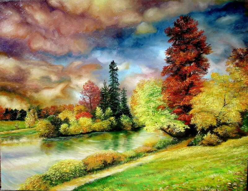 Autumn Landscape with River — Green, Dramatic