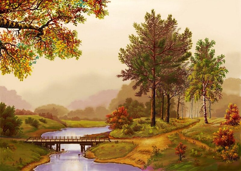 Autumn Landscape with River — Green, Serene