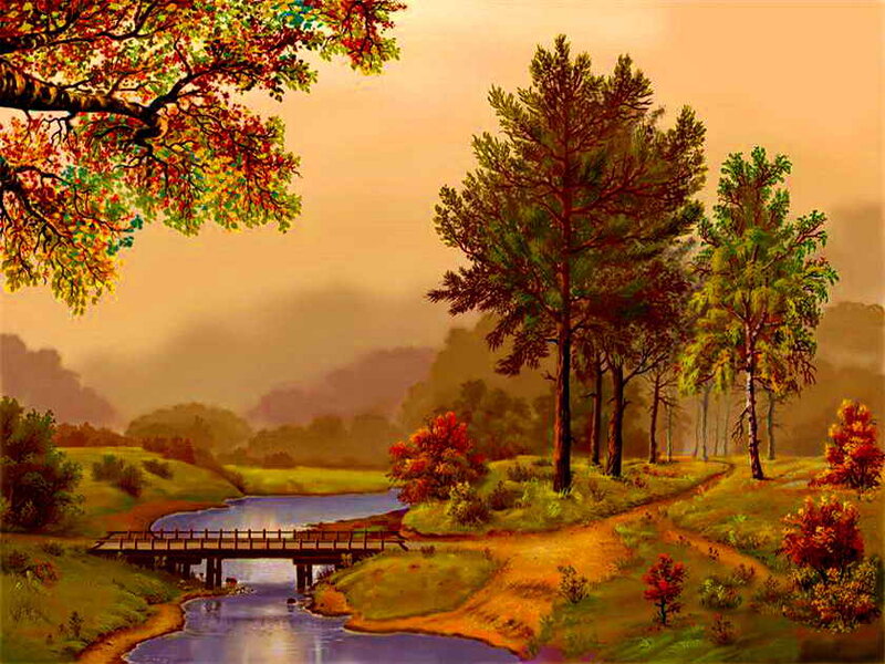 Autumn Landscape with River — Green