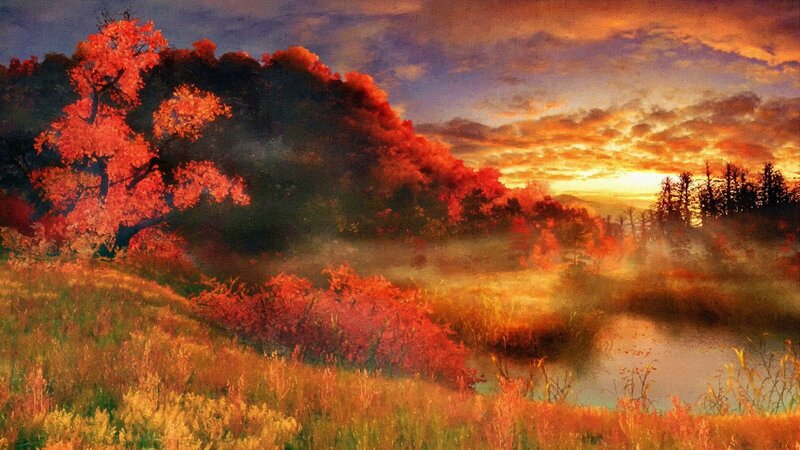 Autumn Landscape with River — Orange, Serene