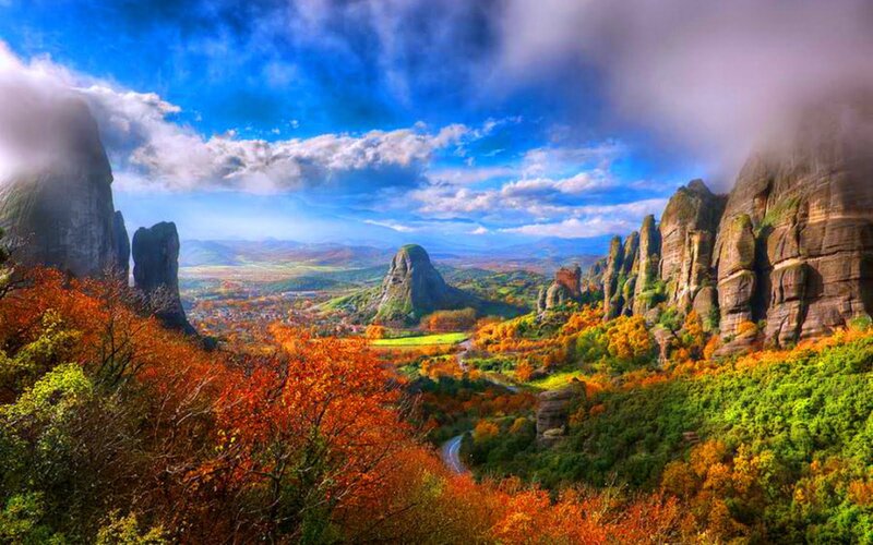 Autumn Landscape with Rock Formations — Blue, Dramatic