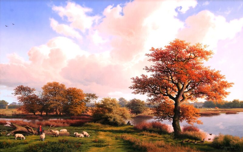 Autumn landscape with sheep