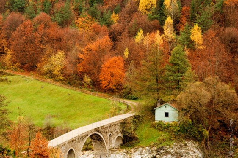 Autumn landscape with stone bridge