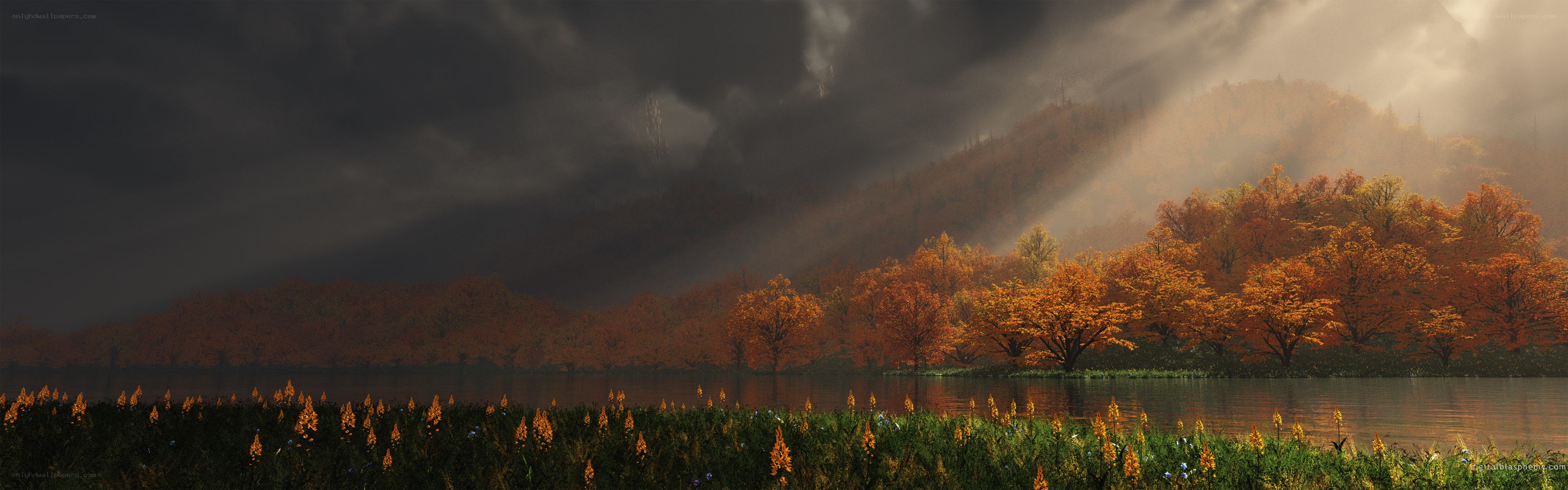 Autumn landscape with sunbeams