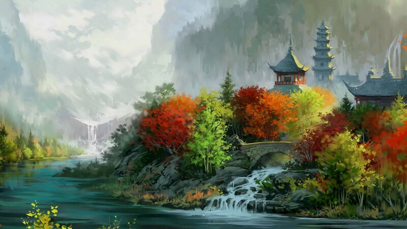 Autumn Landscape with Temple — Red, Serene
